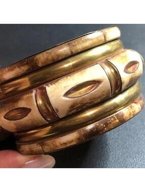 B3051 VTG Brass Bone Inlay Cuff Bracelet Tribal Bohemian Style Gold Tone 8"